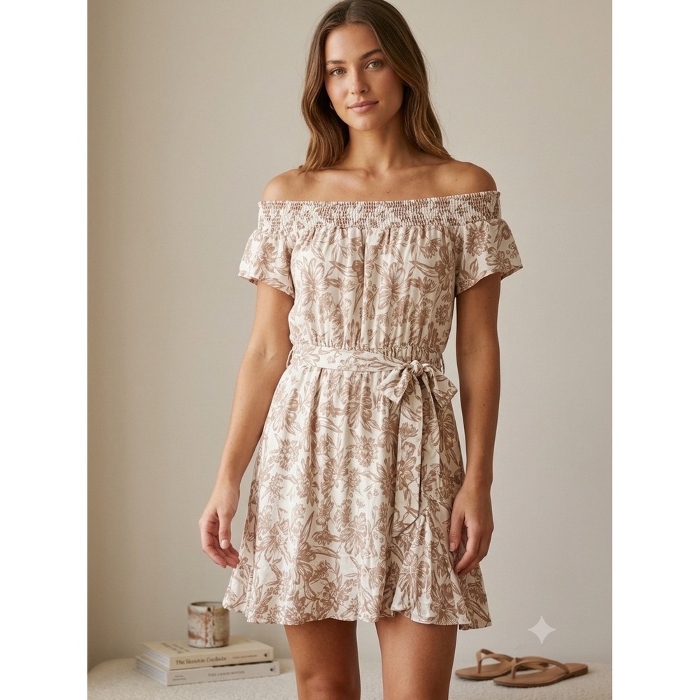 Justfab Floral Off The Shoulder Mini Dress Tan Cream Smocked Waist Size S